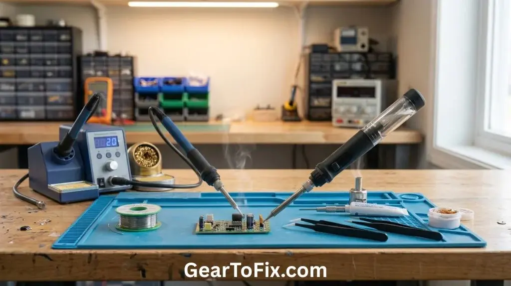 Electric and butane soldering irons compared on an electronics repair workbench