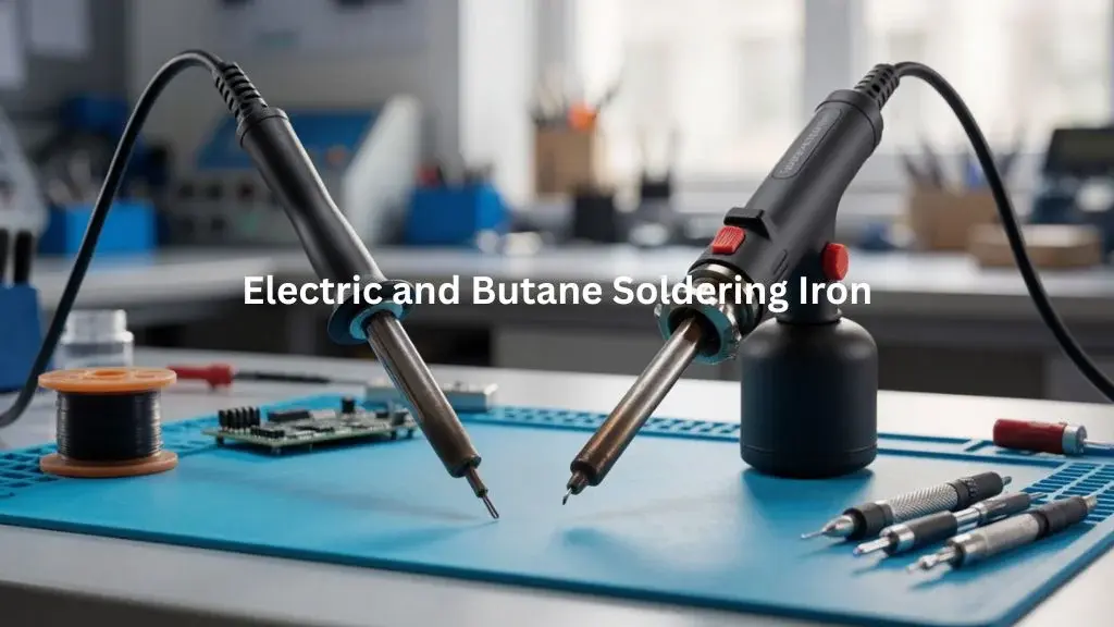 Electric vs Butane Soldering Iron displayed side by side beside a circuit board