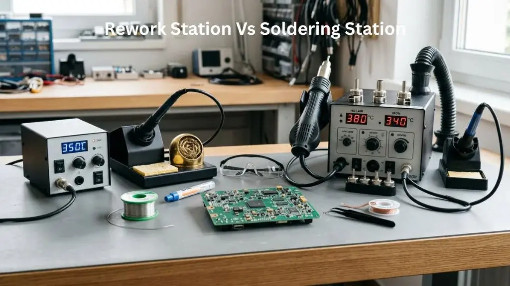 Rework Station vs Soldering Station comparison on an electronics repair workbench