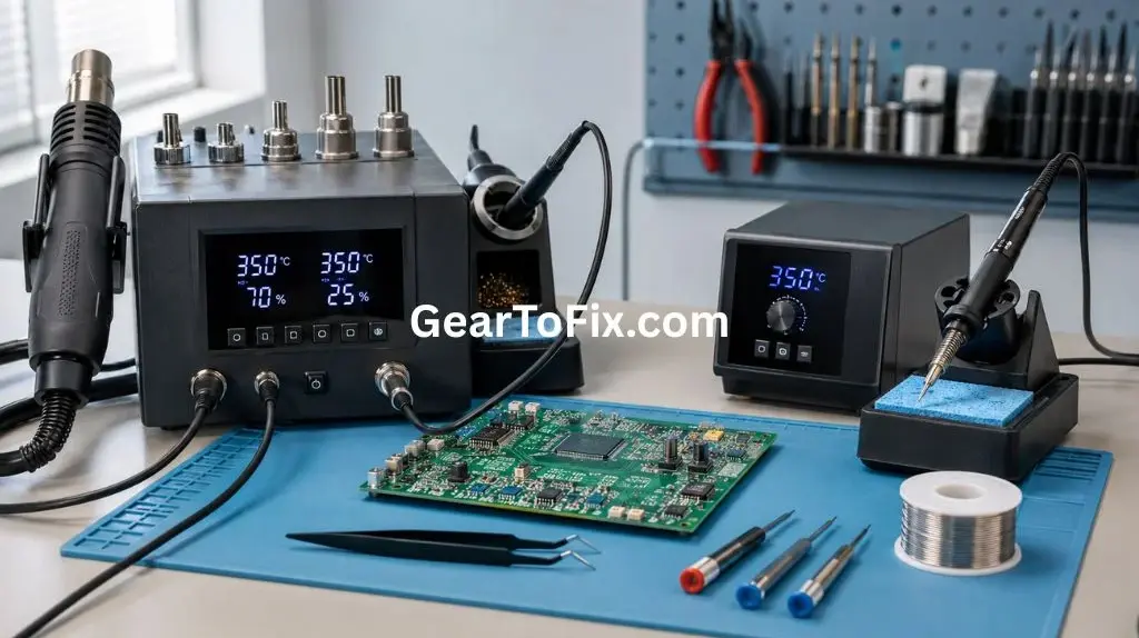 Rework Station vs Soldering Station displayed side by side beside a circuit board