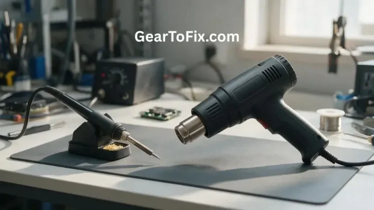 Soldering Iron vs Heat Gun displayed side by side beside a circuit board