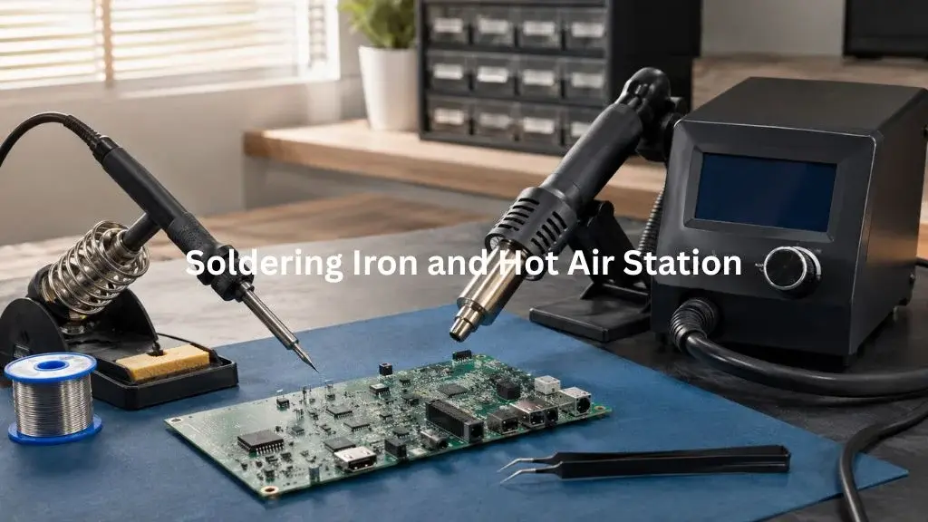 Soldering Iron vs Hot Air Station comparison with electronics repair tools and a PCB