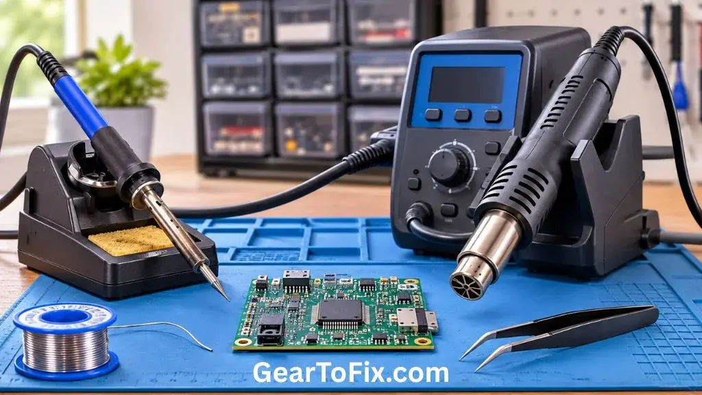 Soldering Iron vs Hot Air Station displayed beside a circuit board on a repair workbench