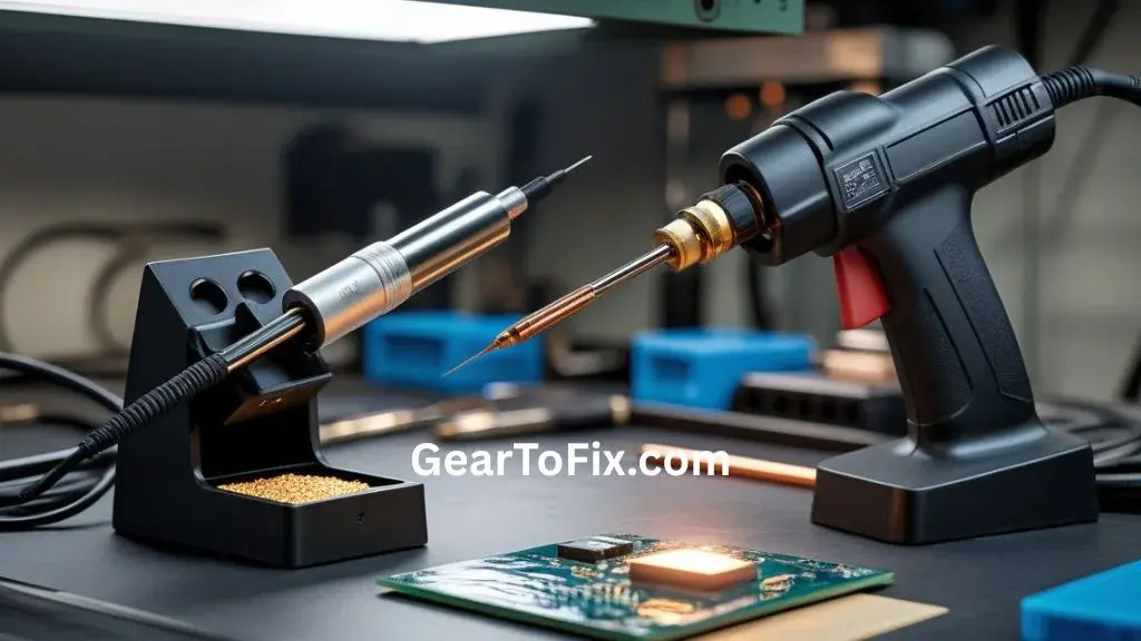 Soldering Iron vs Soldering Gun comparison with both tools displayed beside a circuit board