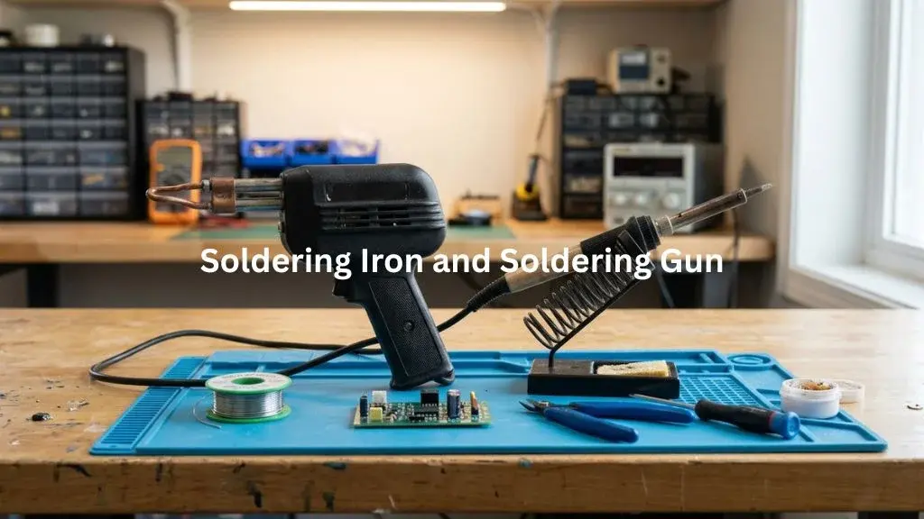 Soldering Iron vs Soldering Gun shown side by side on an electronics workshop bench