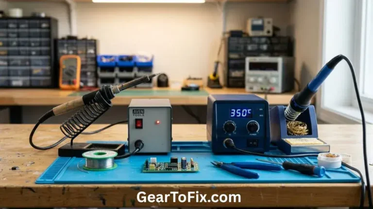 Soldering Iron Vs Soldering Station shown side by side on a professional electronics workshop bench