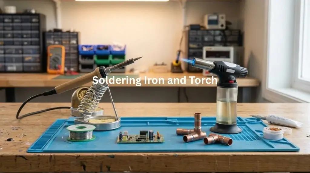 Soldering iron beside a handheld torch with soldering tools on a workshop bench