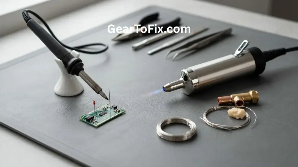 Soldering Iron vs Torch displayed side by side in a professional workshop