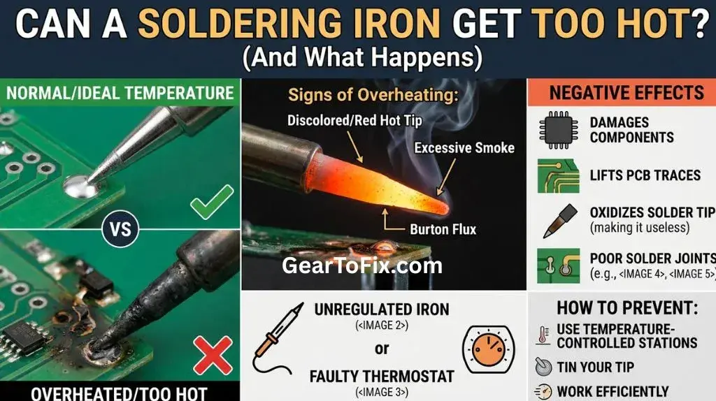 Overheated soldering iron with an excessively hot tip on an electronics workbench.