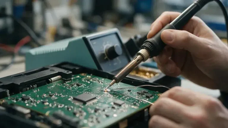 Temperature-controlled soldering iron being used to solder a circuit board connection.
