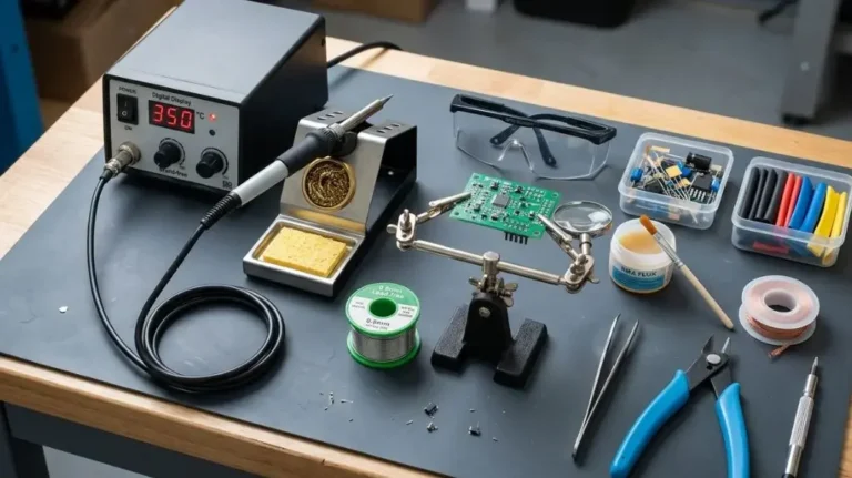 Soldering iron setup with solder, flux, cutters, and safety equipment