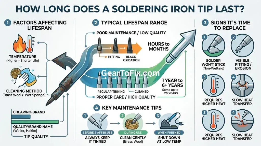 Soldering iron tips showing different stages of wear and oxidation on an electronics workbench.
