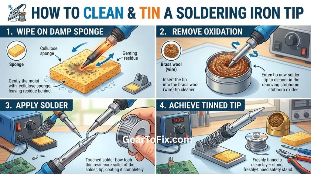 Soldering iron tip being cleaned with brass wool and coated with fresh solder.