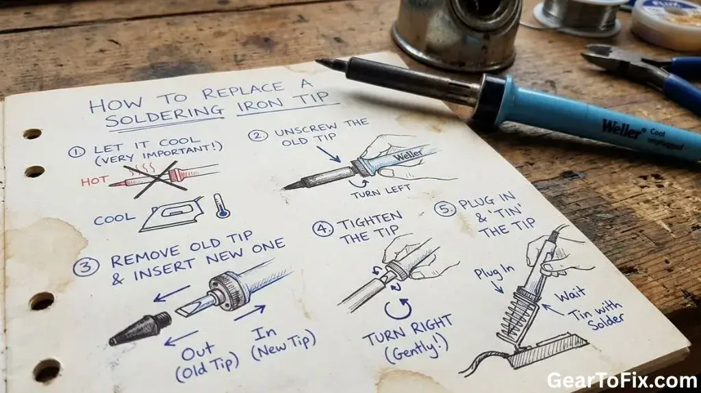 Technician replacing a worn soldering iron tip with a compatible replacement on an electronics workbench.