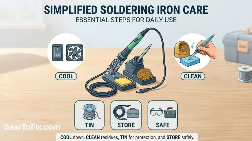 A cooled soldering iron stored safely in its stand with the tip protected and power cord neatly arranged.