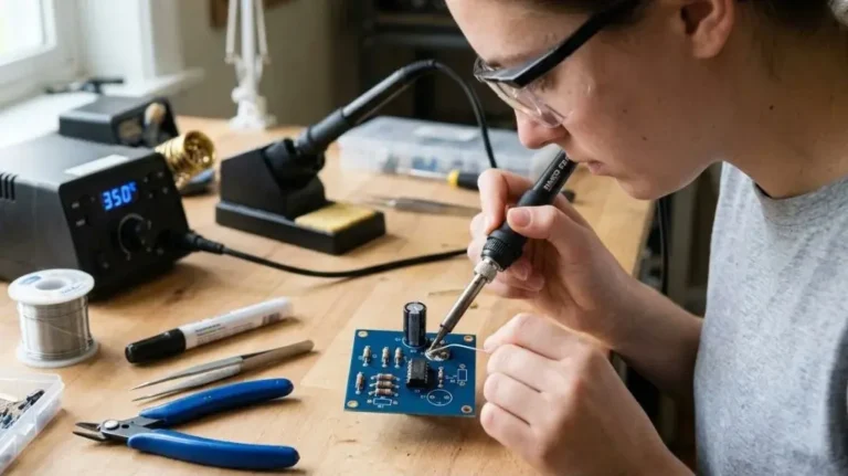 Beginner practicing soldering on a small circuit board