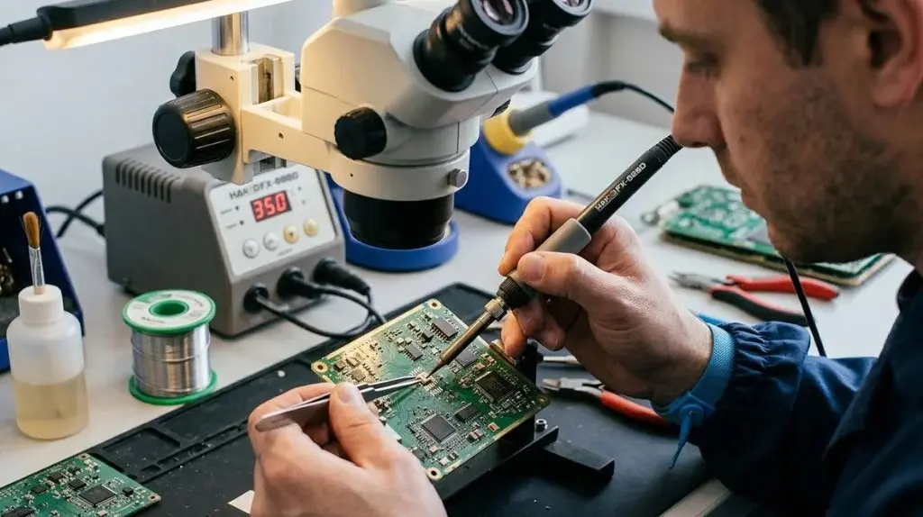 Technician soldering a tiny electronic component with a fine-tip iron