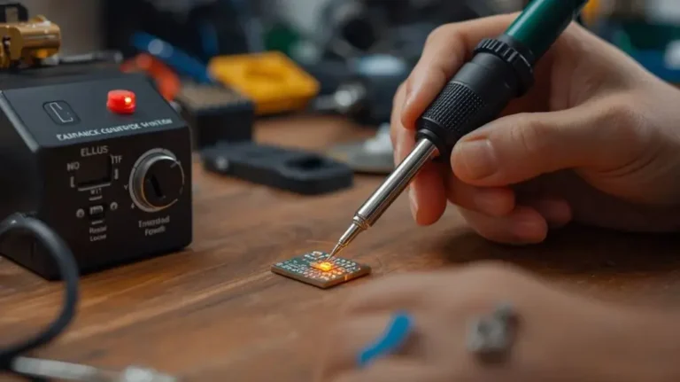 Person using a soldering iron to create a joint on a PCB