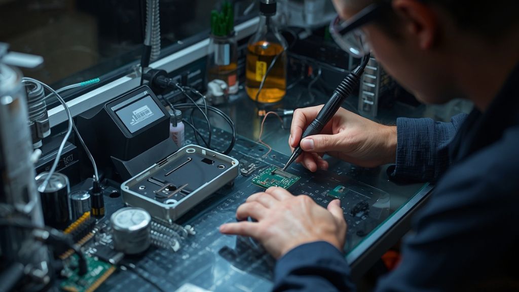 Beginner safely using a soldering iron with protective equipment