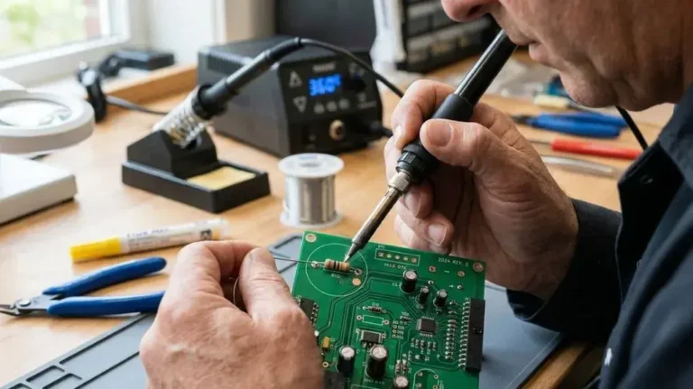 Technician soldering an electronic component onto a PCB