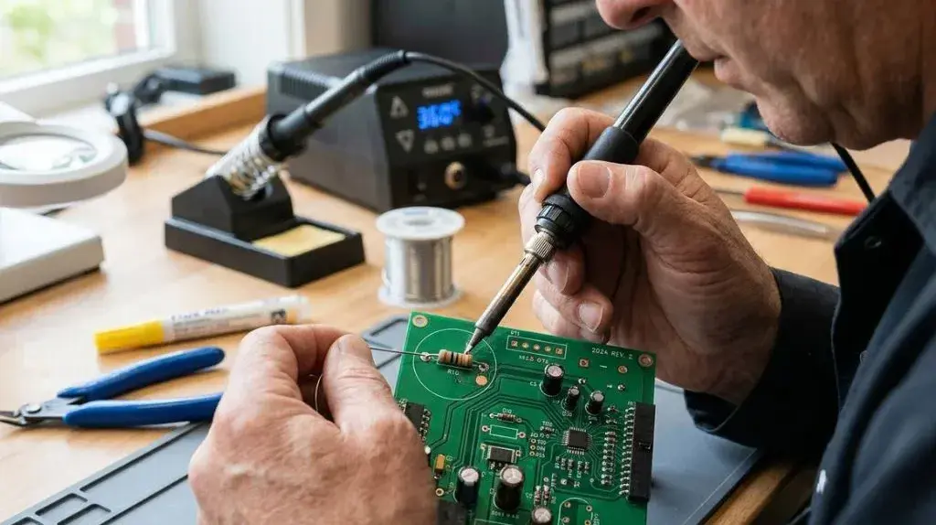 Technician soldering an electronic component onto a PCB