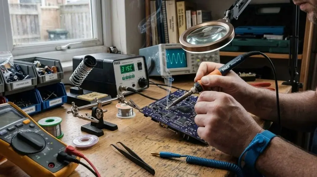 Soldering iron heating a PCB joint with a heated metal tip