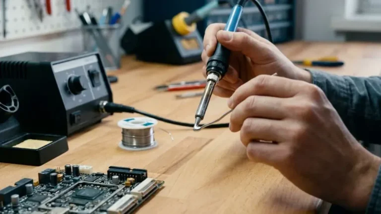 Technician testing a soldering iron temperature by applying solder to the heated tip.