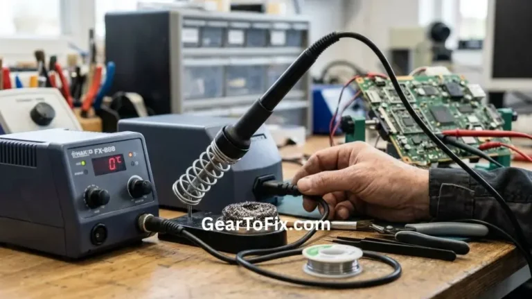 Cold soldering iron being inspected for a heating problem beside a soldering station and circuit board.