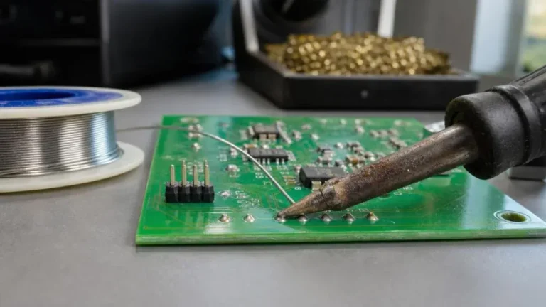 Oxidized soldering iron tip touching solid solder during a soldering troubleshooting task.