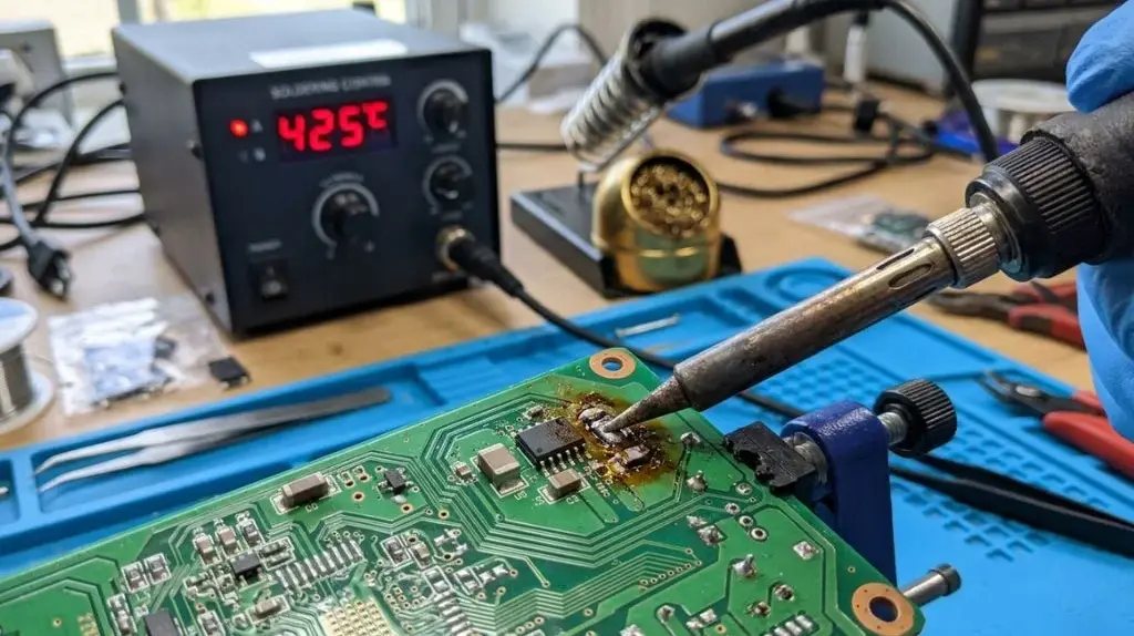 Soldering iron operating at high temperature near a circuit board during an electronics repair task.