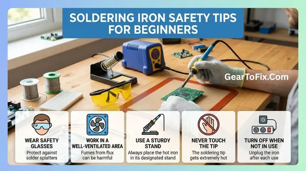 Soldering Iron Safety Tips for Beginners at an electronics workbench