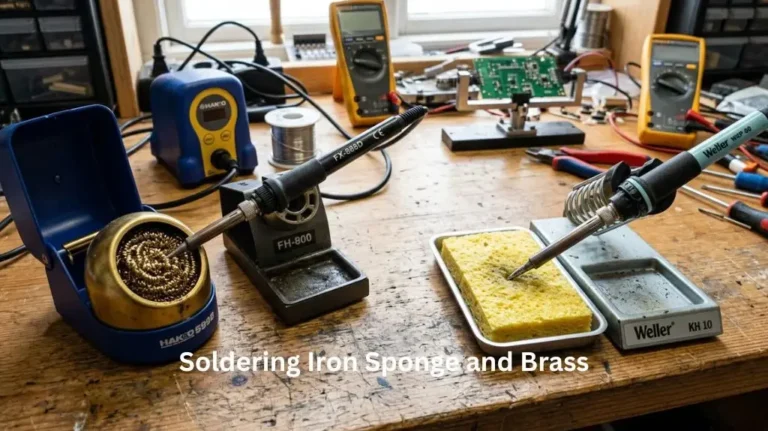 Soldering Iron Sponge vs Brass comparison on an electronics workbench with two soldering tip cleaning methods.