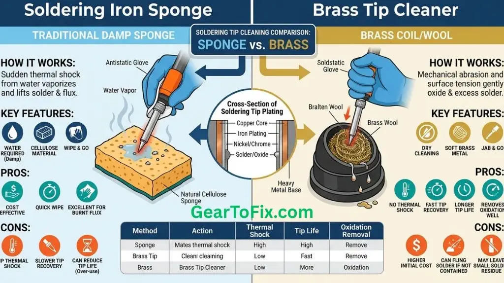 Soldering Iron Sponge vs Brass with a damp sponge and brass cleaning coil beside soldering iron tips.
