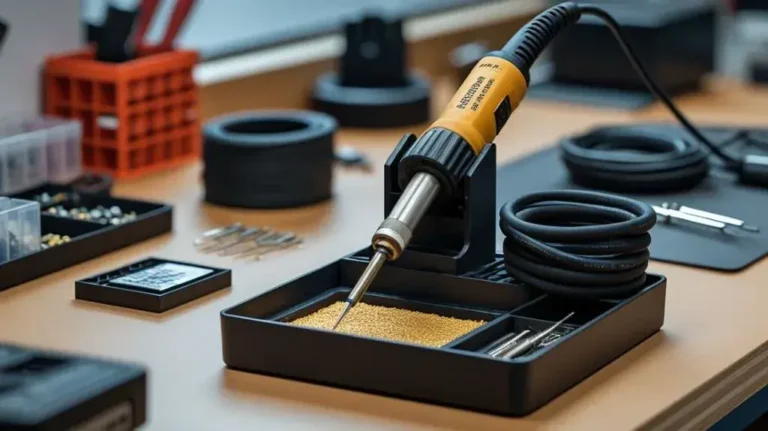 Soldering iron prepared for storage with a protected tip and neatly arranged power cord.