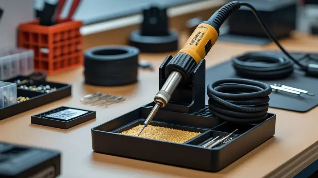 Soldering iron prepared for storage with a protected tip and neatly arranged power cord.