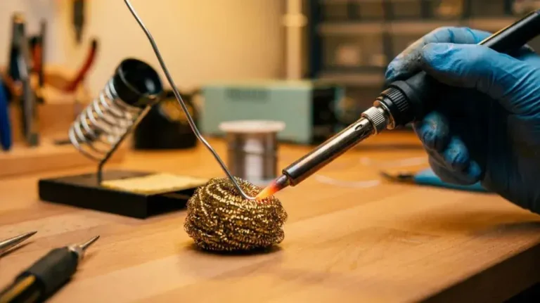 Technician cleaning and tinning a heated soldering iron tip on an electronics workbench.