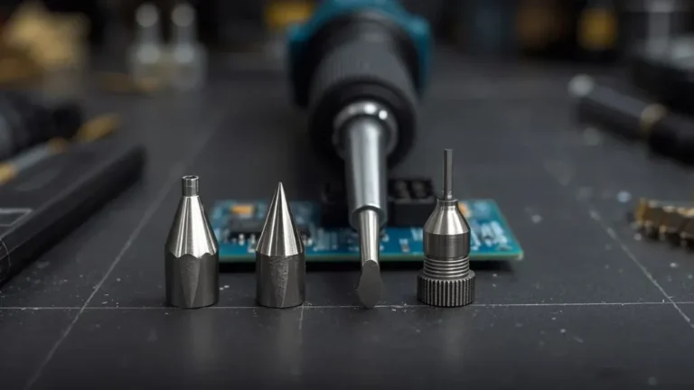 Common soldering iron tip profiles arranged beside an electronics soldering setup.