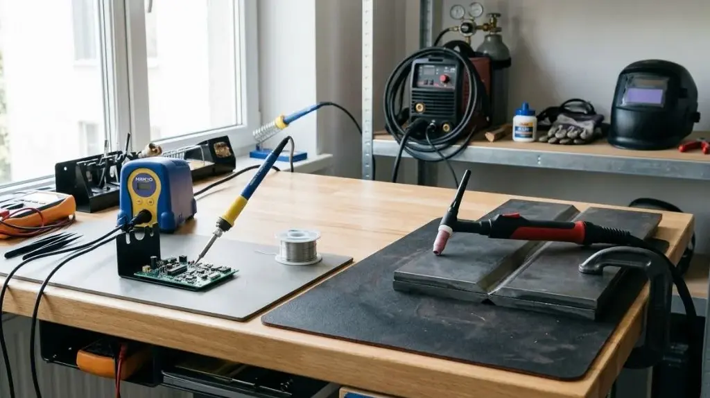 Soldering iron beside welding equipment with an electronics board and metal workpiece