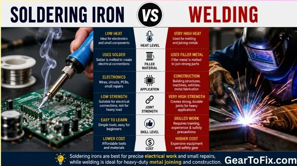 Soldering Iron vs Welding equipment displayed side by side in a professional workshop