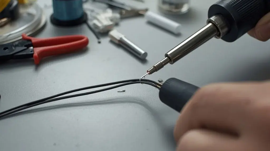 Person soldering two wires together with a soldering iron