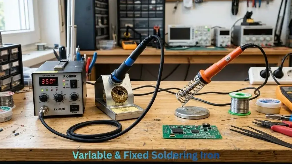 Variable vs Fixed Soldering Iron comparison showing different temperature-control designs beside soldering stands.
