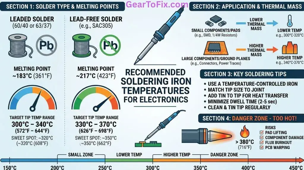 Soldering iron set to a suitable temperature for electronics work on a printed circuit board.