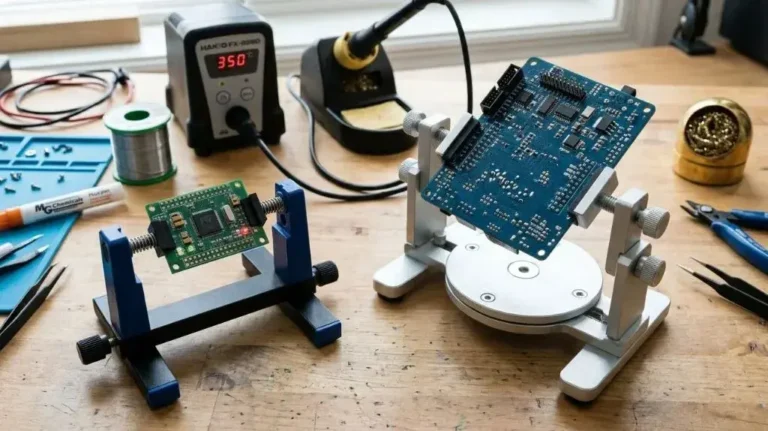 Fixed and rotating PCB holders displayed beside electronics repair tools