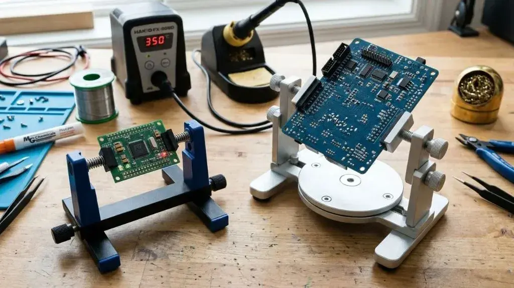 Fixed and rotating PCB holders displayed beside electronics repair tools