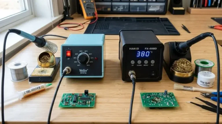 Side-by-side comparison of analog and digital soldering stations on an electronics workbench