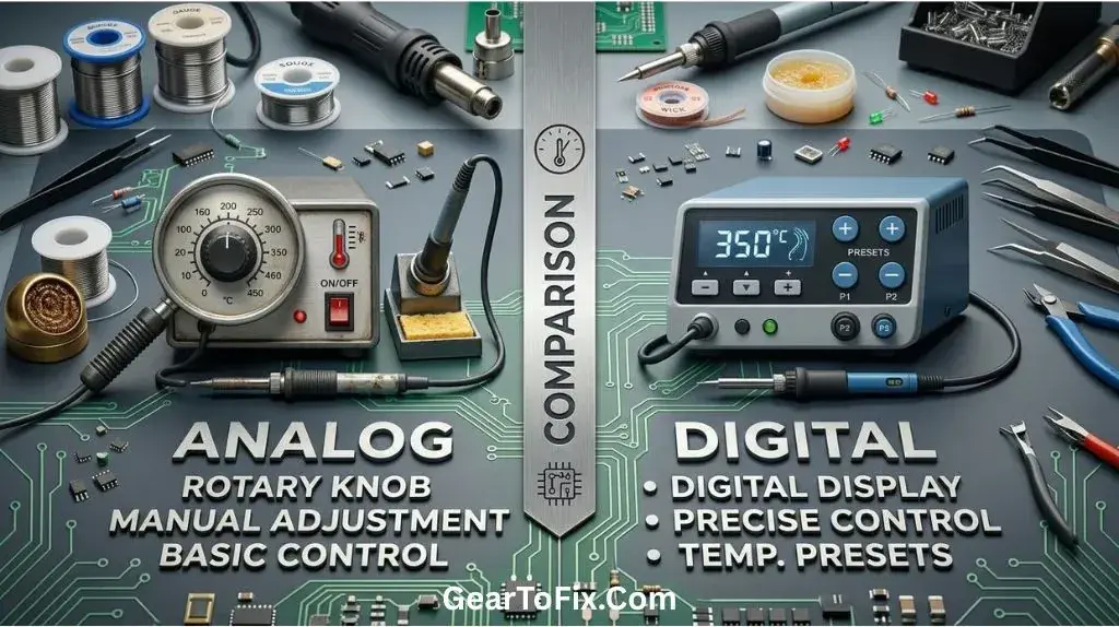 Analog soldering station with rotary dial beside a digital station with numeric display