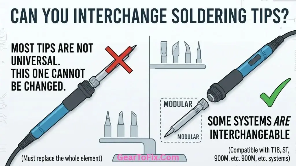Different soldering iron tips arranged beside soldering stations to compare compatibility