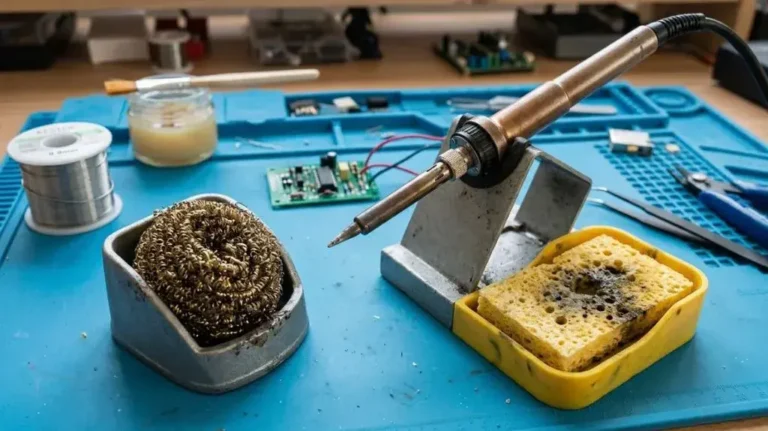 Soldering iron tip cleaner options including brass wool and a damp sponge