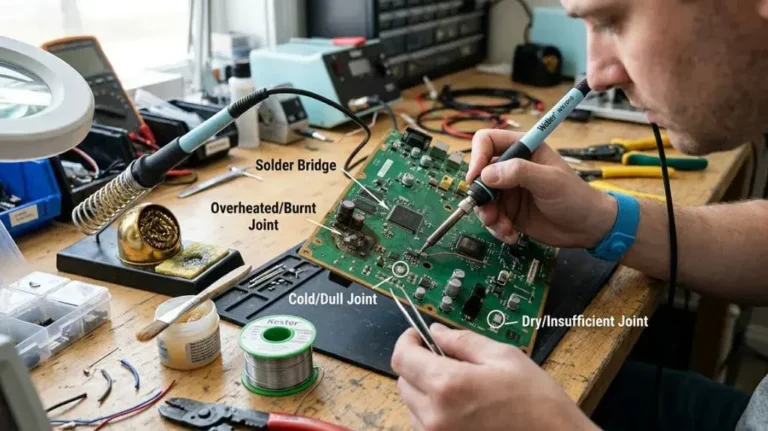 Common soldering mistakes involving a soldering iron and PCB