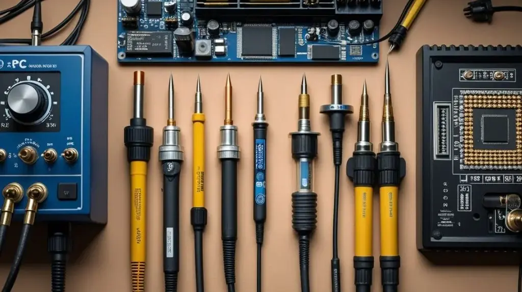 Different types of soldering irons on an electronics workbench